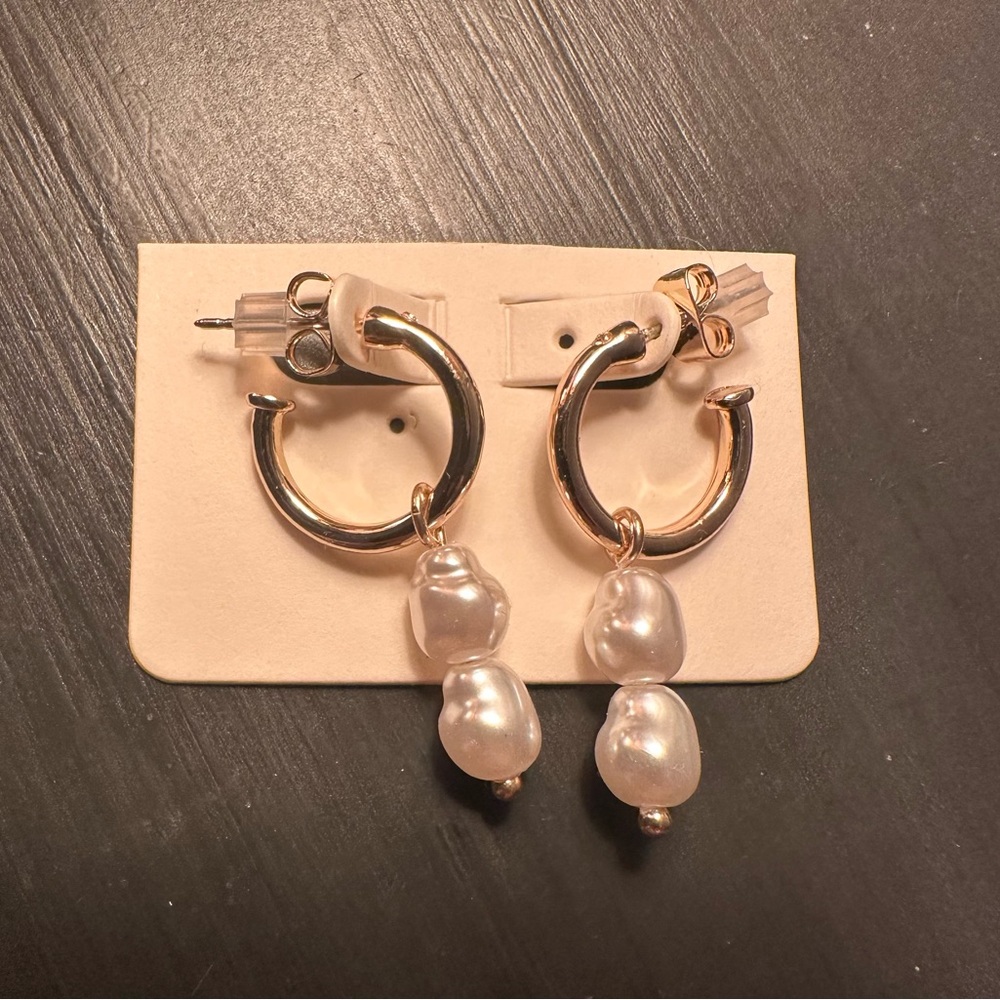 Aerie Gold and Pearl Hoop Earrings